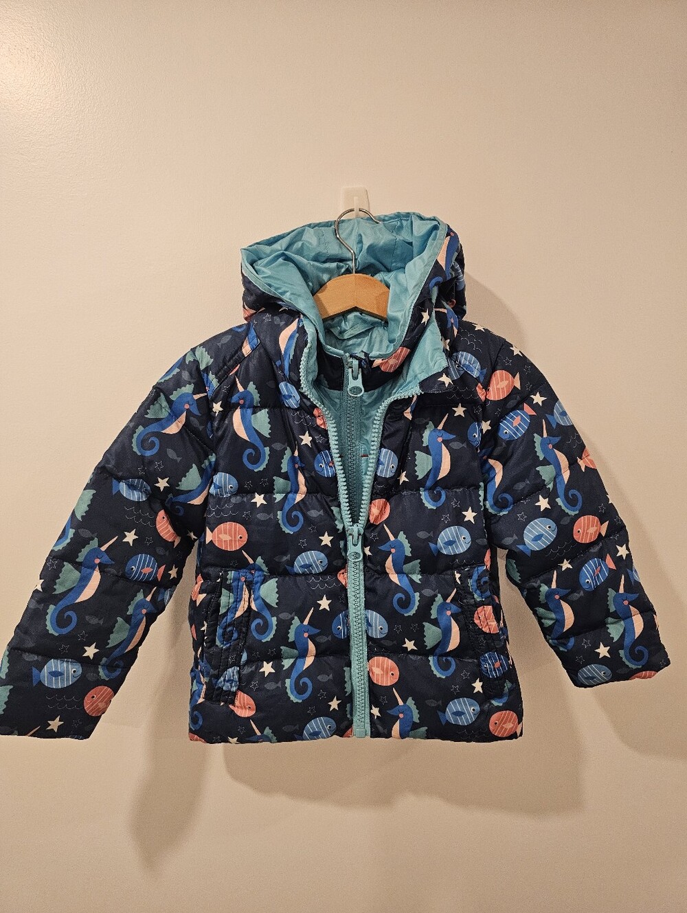 Onekid Road Coat Down Winter Hooded Puffer Jacket Size 3 Ocean Seahorse Girl